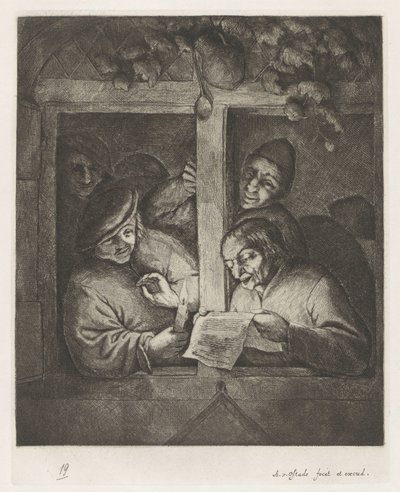 Drei Männer singen von einem Blatt Papier bei Kerzenlicht am offenen Fenster von Adriaen van Ostade