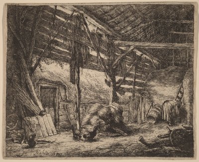 Innenraum einer Scheune mit einer Bäuerin bei der Arbeit von Adriaen van Ostade