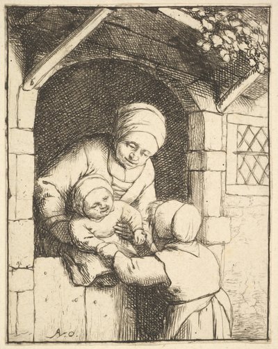 Kleines Mädchen spielt mit einem Baby in den Armen seiner Mutter von Adriaen van Ostade