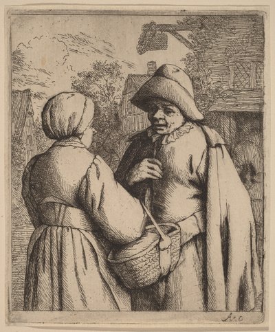 Mann und Frau im Gespräch vor einem Gasthaus von Adriaen van Ostade