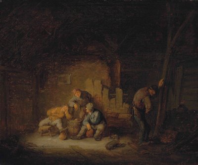 Bauern sitzen und trinken in einer Scheune mit einem Hund von Adriaen van Ostade