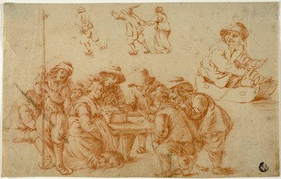 Skizzen von Bauern beim Würfeln und Schlittschuhlaufen; Skizze eines Jungen auf einem Schlitten von Adriaen van Ostade