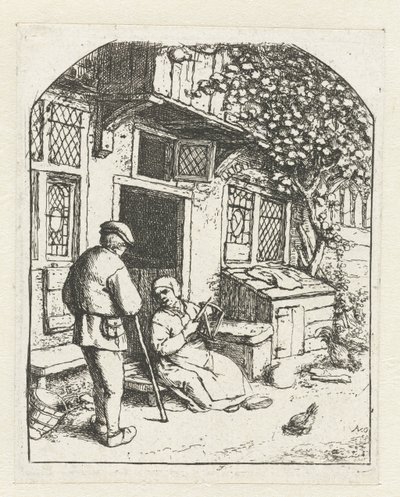 Spinnerin sitzt auf der Schwelle eines Hauses im Gespräch mit einem Mann von Adriaen van Ostade