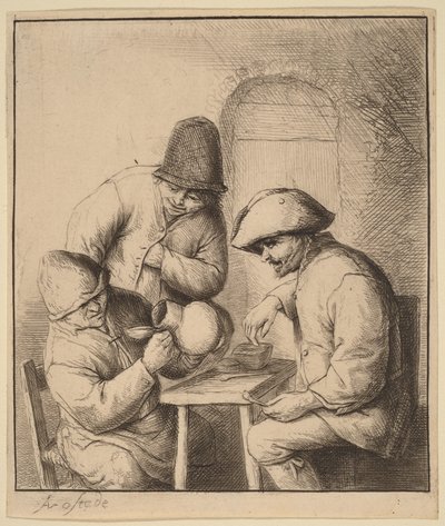Drei Bauern in einem Gasthaus, einer schaut in einen Krug von Adriaen van Ostade