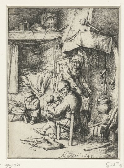 Vater mit Kind auf dem Schoß im Innenraum von Adriaen van Ostade