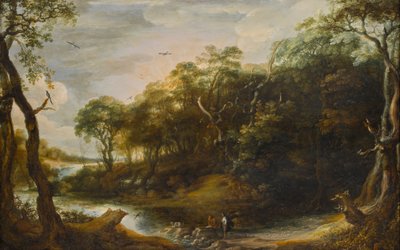 Landschaft mit dem Engel Raphael und Tobias, der den Fisch aufschneidet (Tobit 6,1-5) von Adriaen van Stalbemt