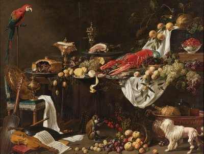 Prunkstillleben mit einem Papagei, Hund und Affe von Adriaen van Utrecht