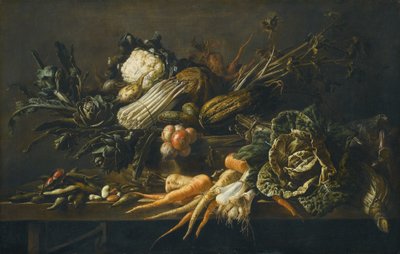 Stillleben mit Artischocke, Spargel, Grünkohl, Zwiebeln, Bohnen, Karotten und anderem Gemüse auf einer Holzbank von Adriaen van Utrecht