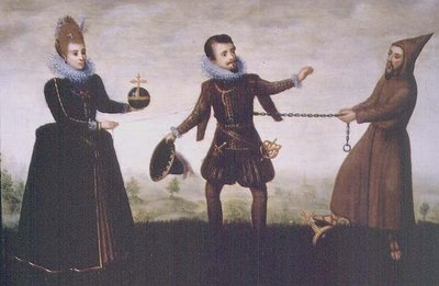 Satire auf Erzherzog Albrecht den Frommen, der 1598 auf sein Erzbistum Toledo verzichtet, um die Infantin Isabella Clara Eugenia zu heiraten von Adriaen van de (workshop of) Venne