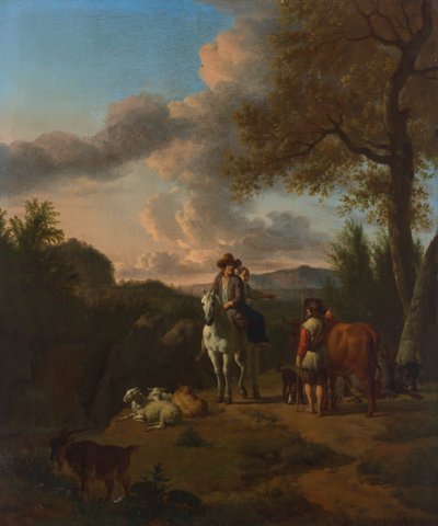 Italienische Landschaft mit einem Mann und einer Frau auf einem weißen Pferd, die einen Hirten nach dem Weg fragen von Adriaen van de Velde