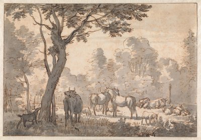 Baumreiche Landschaft mit Pferden, Kühen und Ziegen von Adriaen van de Velde