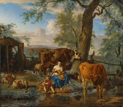 Vieh mit stillender Frau und Kind, das mit einem Hund spielt von Adriaen van de Velde