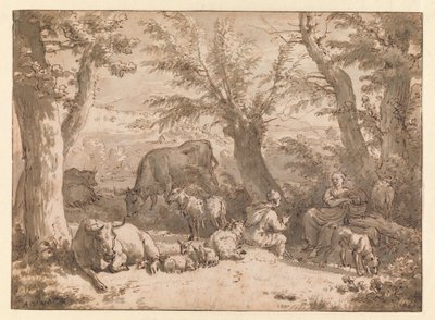 Landschaft mit Hirte und Hirtin und Vieh von Adriaen van de Velde