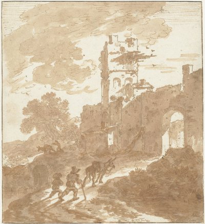 Italienische Landschaft mit einem Weg, der zu einem Stadttor führt von Adriaen van der Kabel