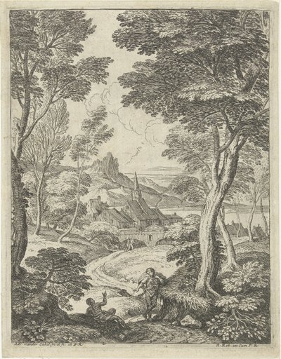 Landschaft mit spitzem Turm von Adriaen van der Kabel