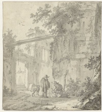 Ansicht antiker Ruinen mit einem Zeichner, seinem Begleiter und einem Hund von Adriaen van der Kabel