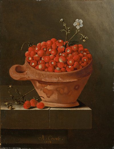 Stillleben mit Erdbeeren in einem Tontopf, 1704 von Adrian Coorte