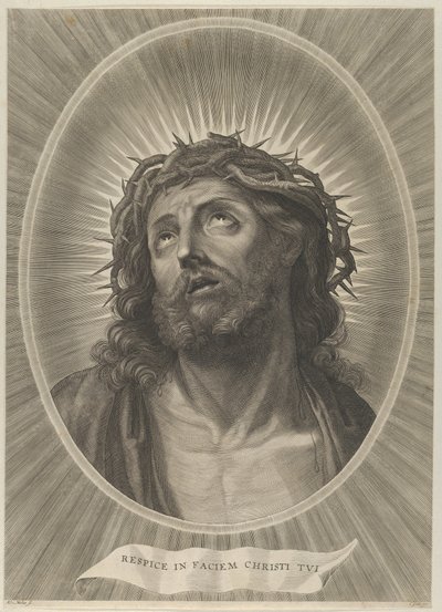 Kopf Christi mit Dornenkrone nach oben blickend, in einem ovalen Rahmen, nach Reni, ca. 1653-67 von Adrian van Melar