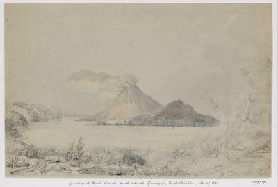 Ansicht von Lontar auf Banda Neira und rauchenden Gunungapi, Banda-Inseln, Zentral-Molukken von Adrianus Johannes Bik