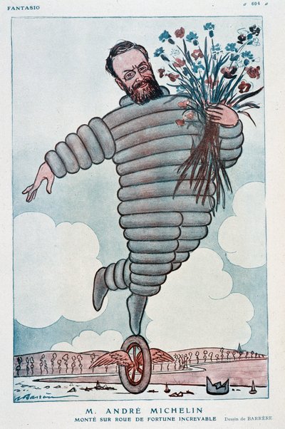 Karikatur von Andre Michelin und Bibendum - Illustration von Adrien Barrere (1877-1931) in „Fantasio“ vom 01/07/1923 von Adrien Barrere