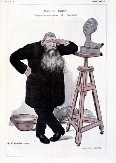 Karikatur des Bildhauers Auguste Rodin in seinem Atelier in „Fantasio“ von Adrien Barrere