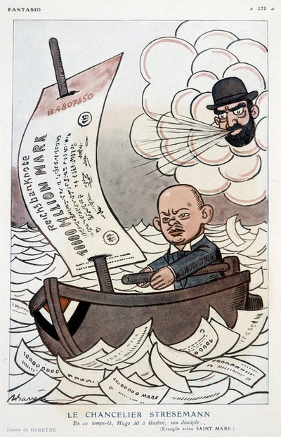 Karikatur über den deutschen Kanzler Gustav Stresemann und die Abwertung der Mark - Illustration von Adrien Barrere in „Fantasio“ vom 01.11.1923 von Adrien Barrere