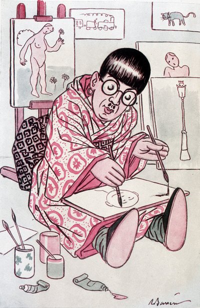 Karikatur zeigt Tsuguharu Fujita, getauft Leonard Foujita, französischer Maler japanischer Herkunft (1886-1968). Zeichnung von Barrere in Fantasio, am 01.04.1927. von Adrien Barrere