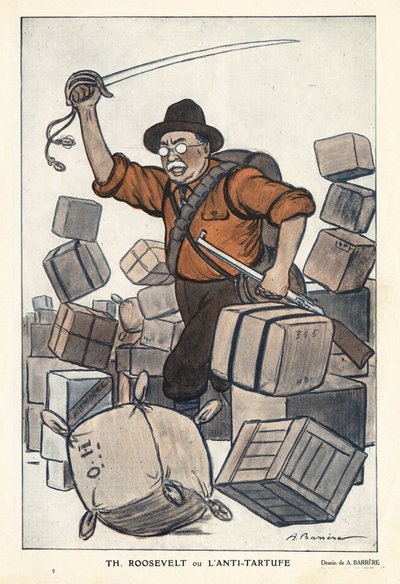 Porträt von Theodore Roosevelt (1858-1919) oder der Anti-Tartuffe in „Fantasio“ vom 01.02.1913 - Illustration von Adrien Barrère (1877-1931) von Adrien Barrere