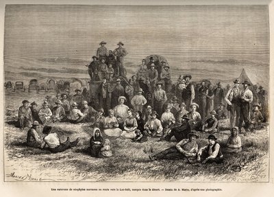 Eine Karawane von Mormonen-Neophyten auf dem Weg zum Salt Lake, in ihrem Lager in der Wüste, Gravur nach der Zeichnung von A. Marie, zur Illustration der Reise von Washington nach San Francisco im Jahr 1868, von L. Simonin, veröffentlicht in 