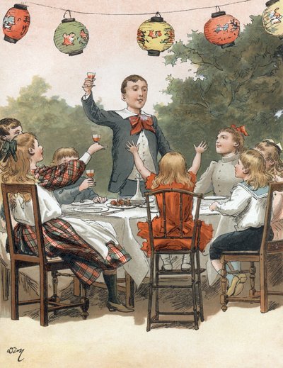 Ein Junge hält eine Rede, Kinder stoßen an, Illustration von Adrien Marie im Buch Tout a la joie von Zari, Emile Guerin Veröffentlichung 1890 von Adrien Emmanuel Marie