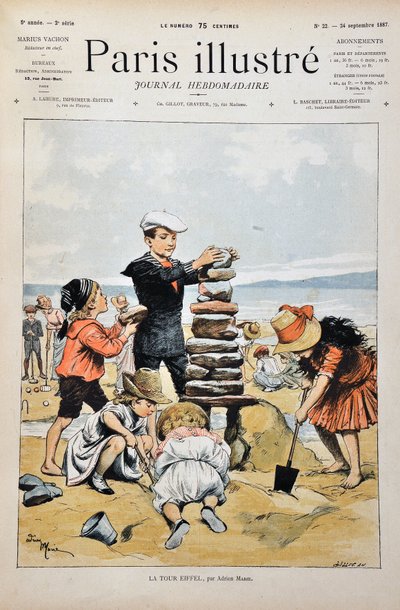 Der Eiffelturm. Eine Gruppe von Kindern spielt am Strand und baut eine Nachbildung des Eiffelturms mit Steinen und Sand. Illustration von Adrien Marie (1848-1891). Gravur von 1887 in „Paris-Illustrous journal weekly“. von Adrien Emmanuel Marie