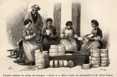 Die erste Operation des Käseabschabens, acht Tage nach der Kellerei, der Flaum, der auf der Oberfläche des Käses gewachsen ist, wird entfernt, um einen besseren Kontakt mit der frischen Luft des Kellers zu ermöglichen, das Entfernte wird verwendet, um das  von Adrien Emmanuel Marie