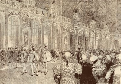 Die Prozession der Ritter des Ordens des Heiligen Geistes in der Eishalle des Schlosses von Versailles am Pfingsttag 1789. Zeichnung von Adrien Marie aus dem Jahr 1889 von Adrien Emmanuel Marie