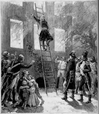 Theateraufführung: „Dreiundneunzig“ von Paul Meurice (1818-1905) nach Victor Hugo (1802-1885). Das Feuer der Tourgue (10. Gemälde): der Marquis de Lantenac, nachdem er das Leben der Kinder der Flecharde gerettet hat, gibt sich hin von Adrien Emmanuel Marie