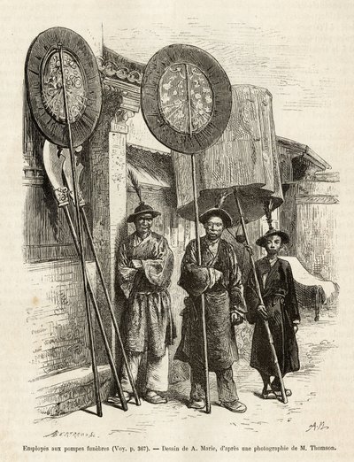Drei Bestattungsarbeiter in Peking. Gravur nach einer Zeichnung von A. Marie, um die Reise nach Peking und Nordchina von T. Choutze in 1873 zu illustrieren, veröffentlicht in "Le tour du monde" 1876, herausgegeben von Edouard Charton, Hachette-Ausgabe, Par von Adrien Emmanuel Marie