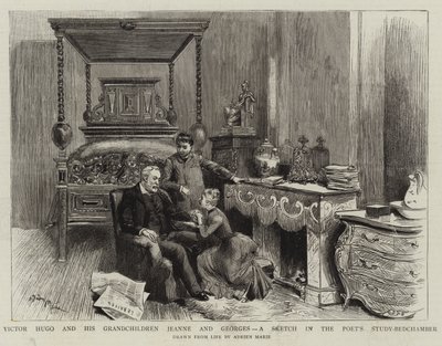 Victor Hugo und seine Enkel Jeanne und Georges, eine Skizze im Arbeitszimmer des Dichters von Adrien Emmanuel Marie