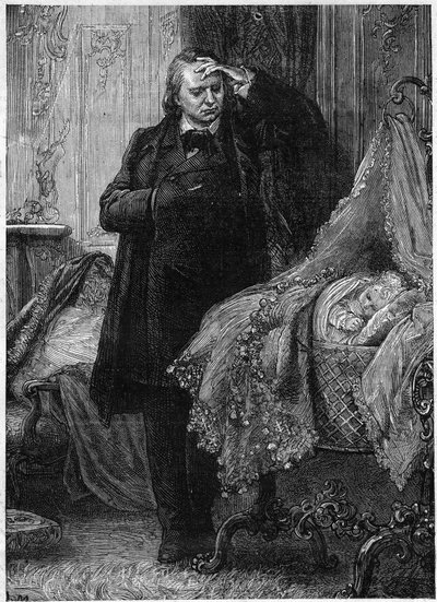 Victor Hugo beobachtet ein schlafendes Kind in seiner Wiege. Illustration aus „Geschichte eines Verbrechens“ von Victor Hugo (1802-1885). Illustration von M. A. Marie von Adrien Emmanuel Marie