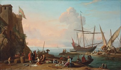 Ein Mittelmeerhafen mit Arbeitern, die ihre Schiffe entladen, Figuren im Vordergrund verkaufen Fisch vor einer Festung von Adrien Manglard