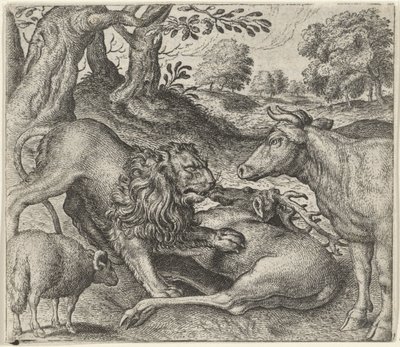 Fabel vom Löwen, der Kuh und dem Schaf auf der Jagd von Egidius  Sadeler (II)