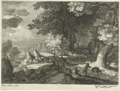 Holzbrücke in einer Waldlandschaft von Egidius  Sadeler (II)