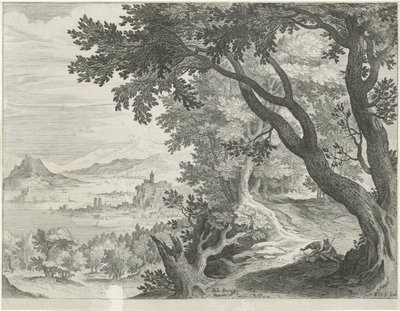 Landschaft mit zwei Figuren unter einem Baum von Egidius  Sadeler (II)