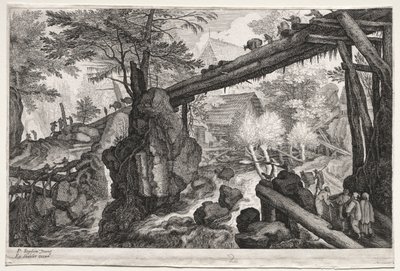 Acht böhmische Landschaften: Landschaft mit Holzbrücke über Wasserfall, ca. 1610-1615 von Aegidius Sadeler or Saedeler