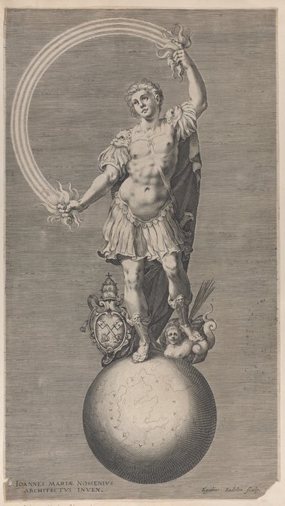 Allegorische Figur eines Kriegers, der auf einem Globus mit dem päpstlichen Wappen steht von Aegidius Sadeler II