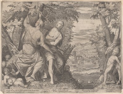 Angelica und Medoro, sie stehen neben einem Bach, während Medoro ihre Namen in einen Baum schnitzt, 1590-1598 von Aegidius Sadeler II