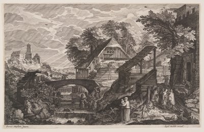 Bauernhäuser rechts eines Flusses, aus Acht Szenen aus Böhmen von Aegidius Sadeler II