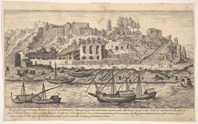Ansicht von Westen der Ruinen des Aventin-Hügels, Rom, mit Booten auf dem Fluss von Aegidius Sadeler II