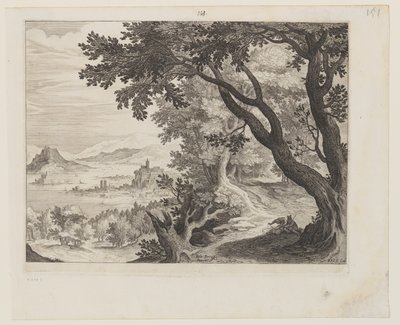 Flusslandschaft mit zwei Personen unter einem Baum von Aegidius Sadeler II