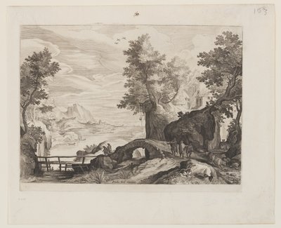 Flusslandschaft mit einer Steinbrücke und einer Holzbrücke von Aegidius Sadeler II