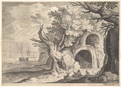 Ruiniertes Aquädukt mit Wasser, das in einen darunter liegenden Bach fließt, Schiffe auf dem Meer dahinter, eine..., ca. 1600 von Aegidius Sadeler II