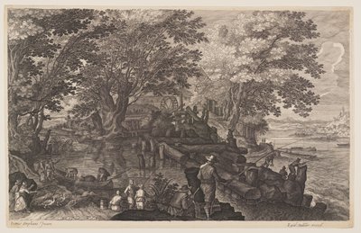 Szene Eins: Wassermühle auf einer Insel in einem Fluss mit Männern beim Fischen, aus Acht Szenen aus Böhmen von Aegidius Sadeler II